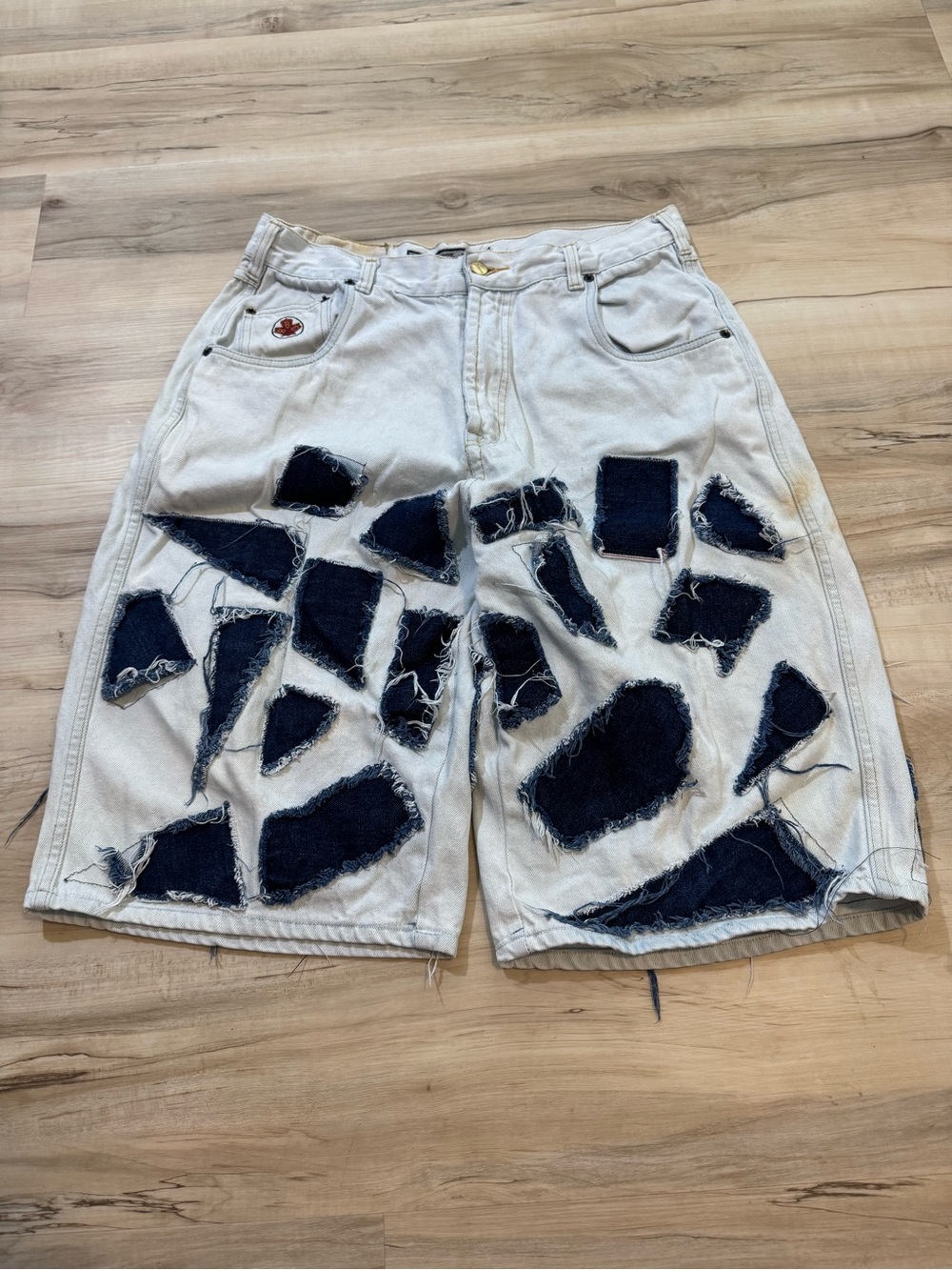Custom Light Wash Men’s Denim Shorts with Navy Patchwork
